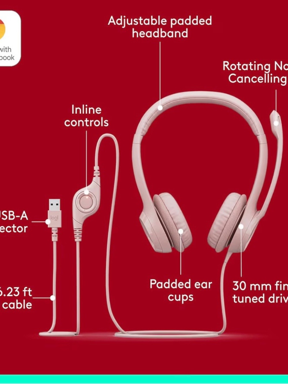 Logitech H390 Wired Headset PC/Laptop Stereo Headphones, USB-A, Rose